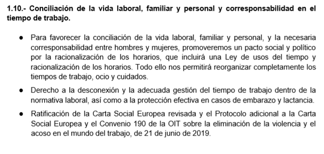 Punto del programa de gobierno de PSOE y Podemos sobre conciliación laboral.