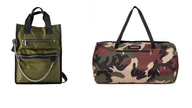 ZARA Shopping Bag verde PVP: 35.95€ // EASTPAK Bolsa estampado camuflaje PVP: 45€