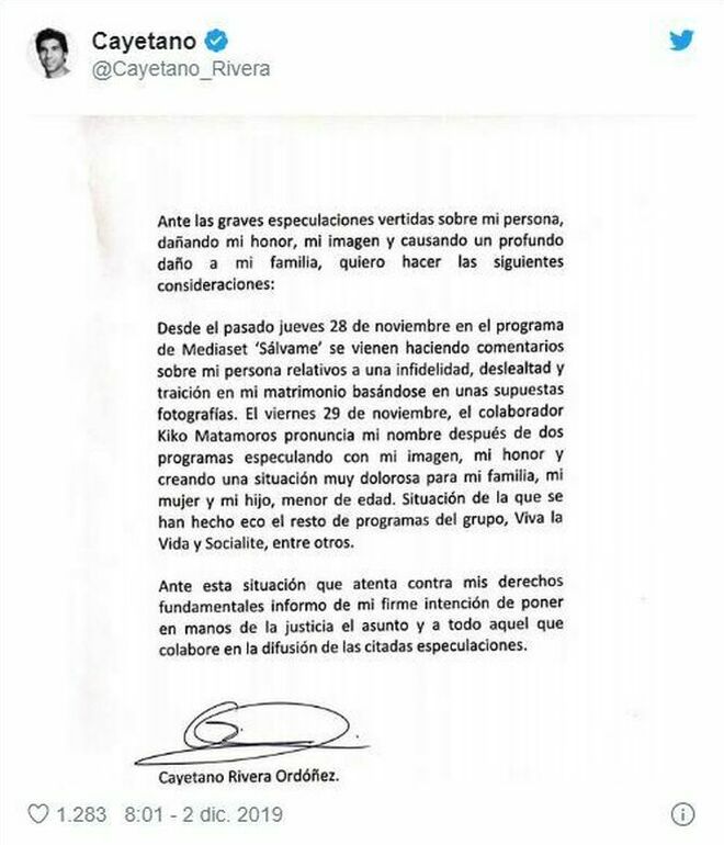 El comunicado de Cayetano Rivera en el que anuncia que va a demandar a Mediaset.