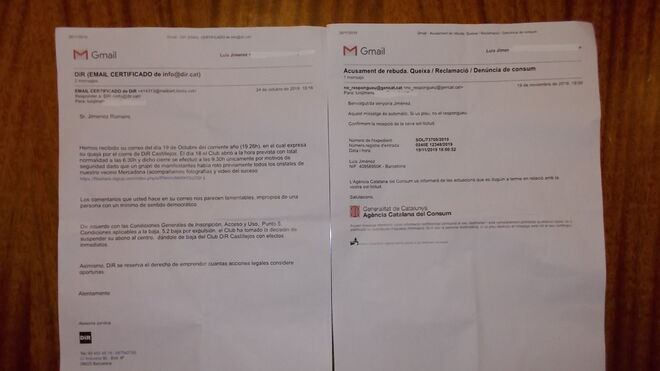 A la izquierda, la carta en la que DiR expulsa a Jiménez; a la derecha, su posterior denuncia ante la agencia de consumo de la Generalitat.