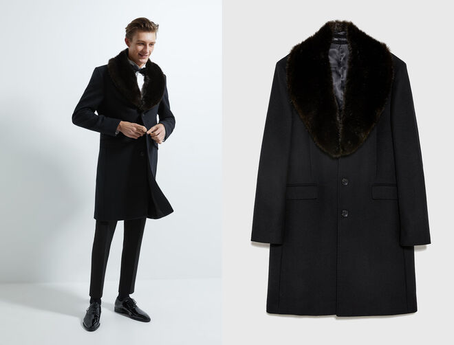 Abrigo negro con cuello de piel. Precio rebajas: 79.99€ (antes 129€)