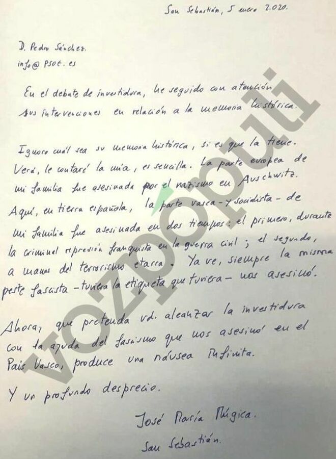 Carta de José María Múgica a Pedro Sánchez