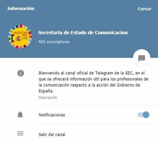 Grupo de Telegram de la Secretaria de Estado de Comunicación
