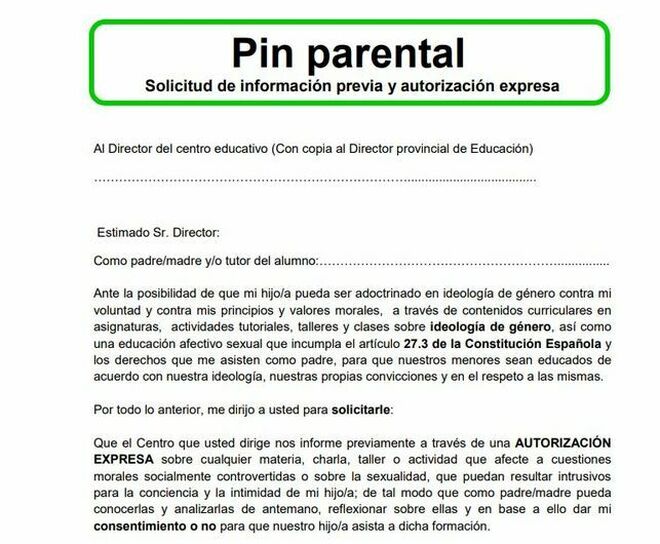 Modelo de solicitud del pin parental.