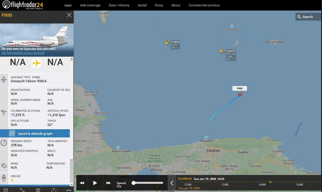 Primer rastro del vuelo en los radares internacionales tras salir de Caracas.