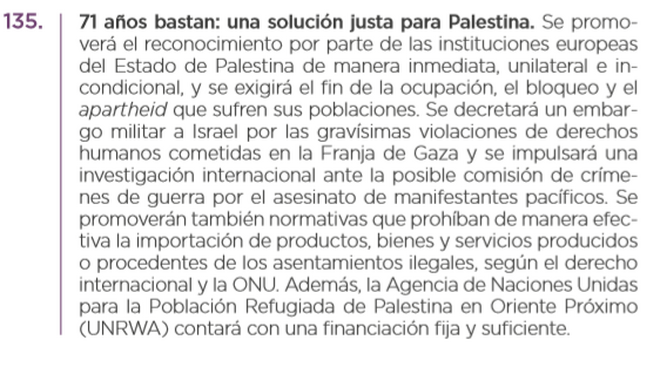 Punto del programa electoral de Podemos sobre Palestina.