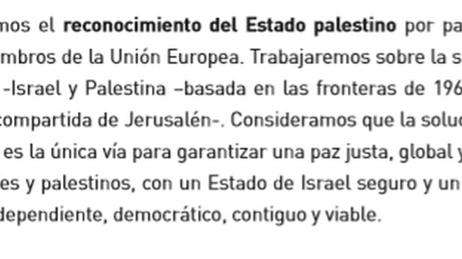 Punto relativo a Palestina en el programa electoral del PSOE del 28-A.