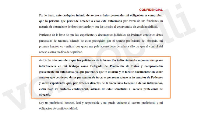 El documento remitido al secretario de Organización de Podemos