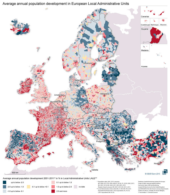 Desarrollo medio de población de Europa (Unidades Administrativas Locales LAU2). Fuente: BBSR