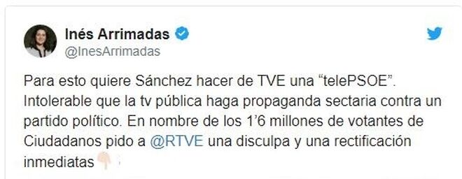 Inés Arrimadas critica la TVE de Pedro Sánchez y pide que RTVE se disculpe