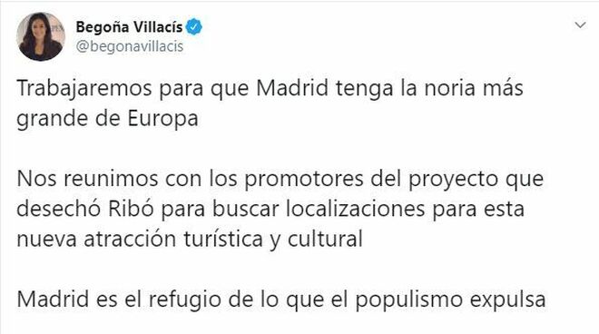 Begoña Villacís quiere que se instale en Madrid una noria gigante del estilo 'London Eye'