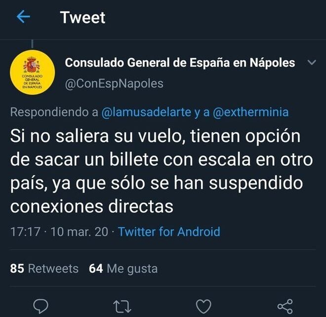 Captura de pantalla del tuit del Consulado General de España en Nápoles.