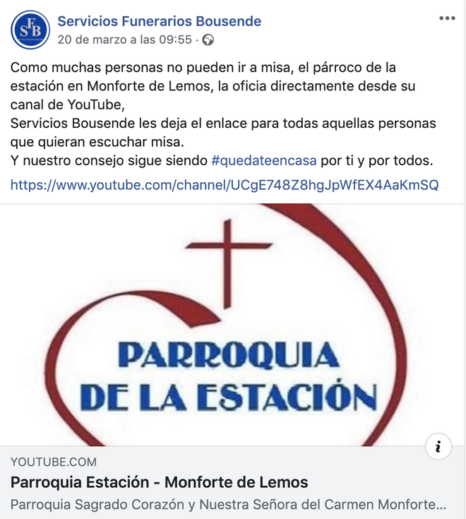Post en Facebook de una funeraria que ofrece misas en directo a través de Youtube