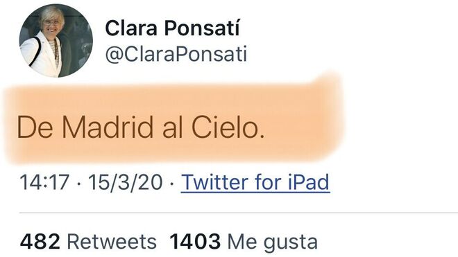 Tuit de la eurodiputada Clara Ponsatí mofándose de los fallecidos madrileños.