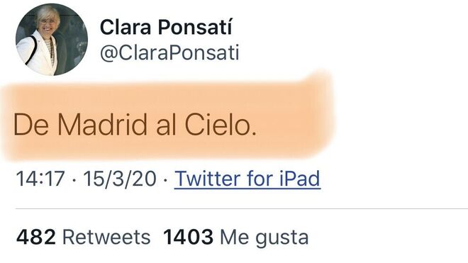 Tuit de la eurodiputada Clara Ponsatí mofándose de los fallecidos madrileños.
