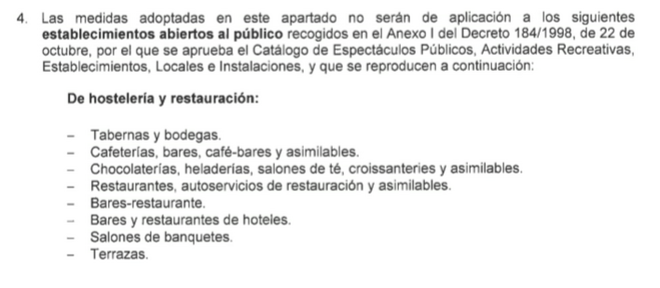 Versión inicial del decreto que no incluía el cierre de la hostelería y restauración en Madrid.