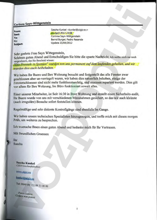 El correo remitido a Corinna por la empresa de seguridad días después del accidente de Botsuana