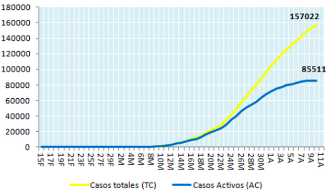 Evolución de los casos totales y casos activos en España