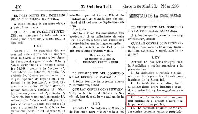 La Ley se publicó en la Gaceta de Madrid el 22 de octubre de 1931