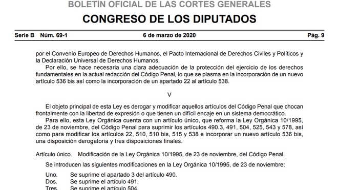 Propuesta de ley de Podemos del 6 de marzo sobre la libertad de expresión