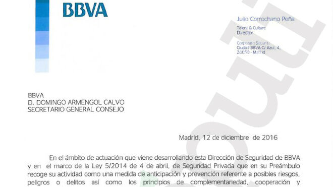 Carta enviada por Julio Corrochano al secretario general de BBVA.