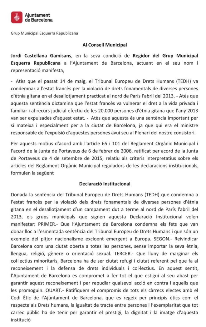 Declaración Institucional al Pleno municipal del Ayuntamiento de Barcelona para apoyar la sentencia del TEDH