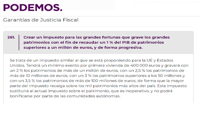 Programa electoral de Podemos con el impuesto a los ricos
