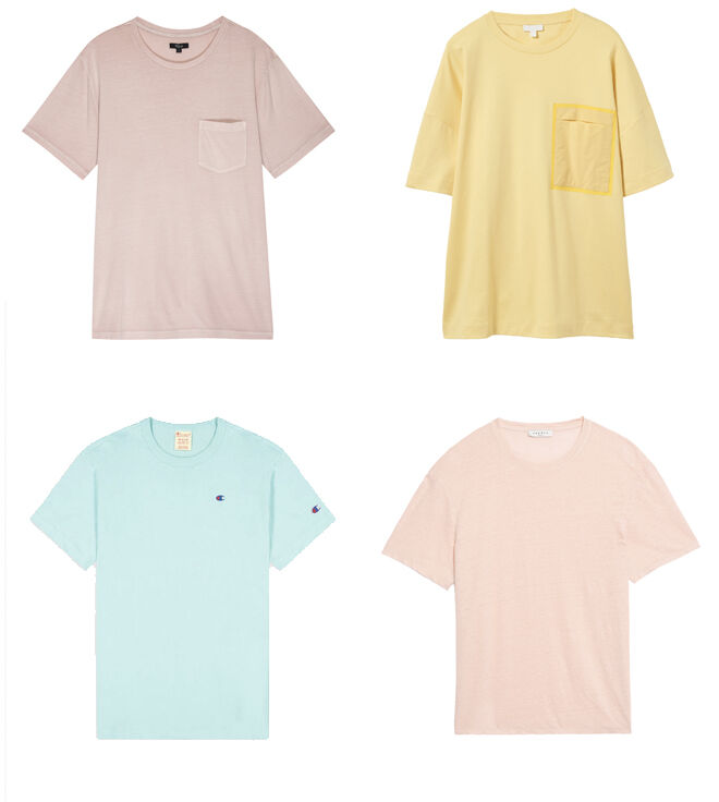 RAILS Camiseta rosa con bolsillo. PVP: 62.50€ // COS Camiseta amarilla. PVP: 35€ // CHAMPION Camiseta azul. PVP: 40€ // SANDRO Camiseta básica rosa. PVP: 75€