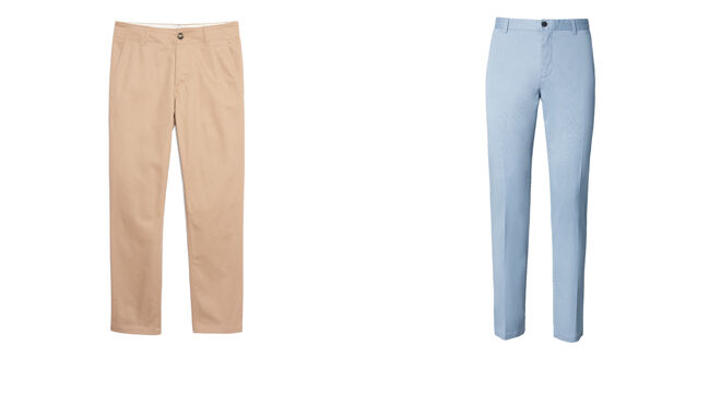 SANDRO Pantalón rosa claro. PVP: 165€ // PUROEGO Pantalón azul. PVP: 44.99€