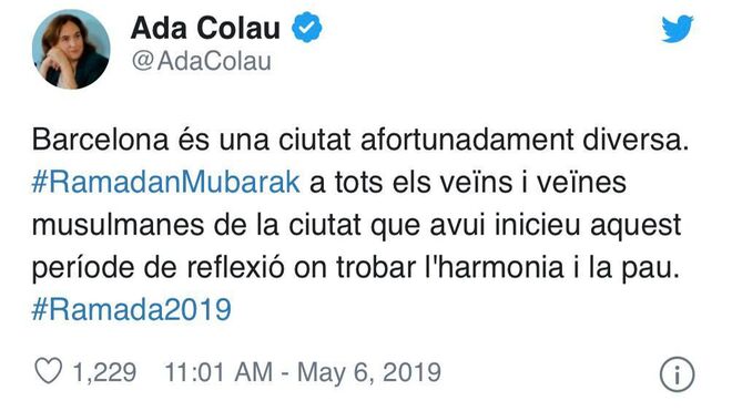 Tuit de Colau en 2019 felicitando el Ramadán