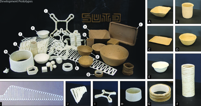 Algunos objetos fabricados con FLAM, material sostenible hecho con quitina y celulosa