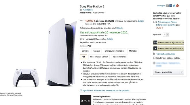 Captura del precio de la PS5 en Amazon Francia y de la fecha de lanzamiento.