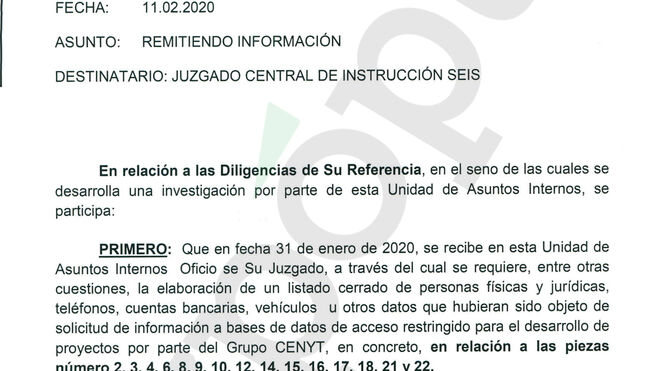 Documento del sumario del 'caso Villarejo'.