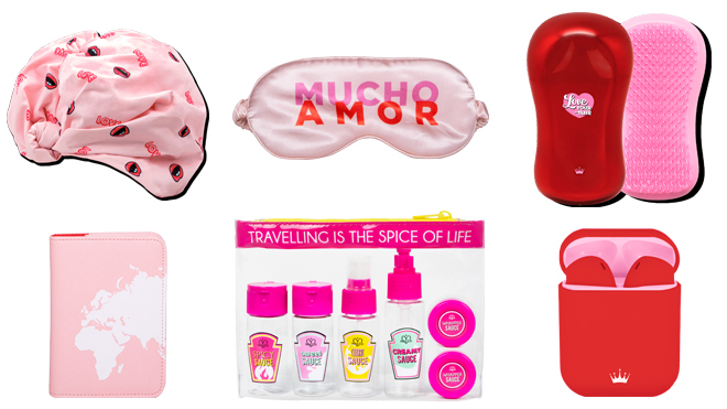 Propuestas de productos de viaje en tonos rosas y rojo