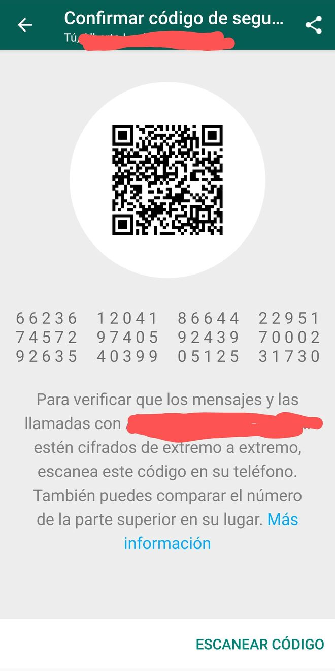 Pantallazo de confirmación de código de seguridad de WhatsApp