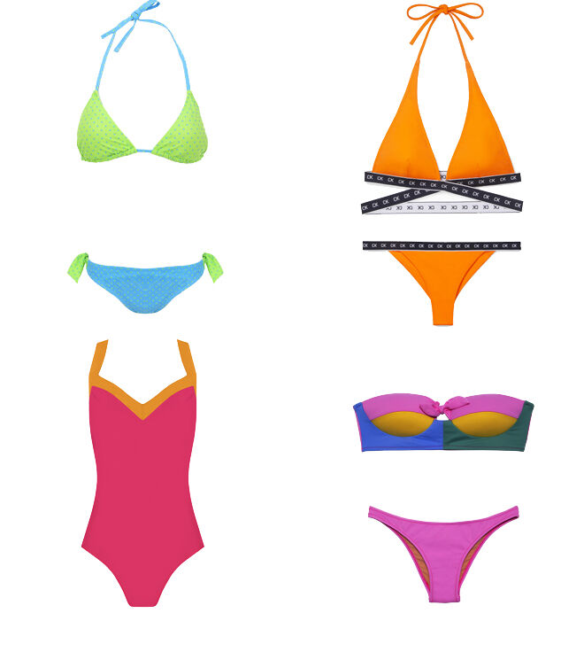 DOCOR Bikini verde. PVP: 45€ // CALVIN KLEIN Bikini naranja. PVP: 66.50€ // ADELA & VIKI Bañador rosa. PVP: 143€ // COMO LA TRUCHA AL TRUCHO Bikini multicolor. CPV