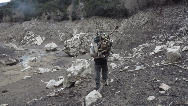 "Chechu" Camarero transportando muestras de árboles en el lecho de un lago