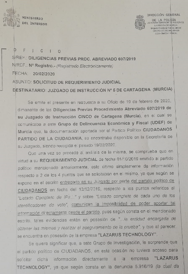 Escrito de la UDEF al juez instructor que investiga el posible pucherazo en Murcia.
