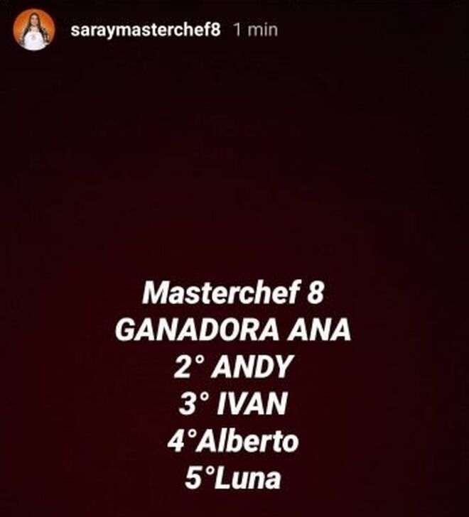 Saray filtró quién ganaría 'Masterchef 8' y la clasificación final.