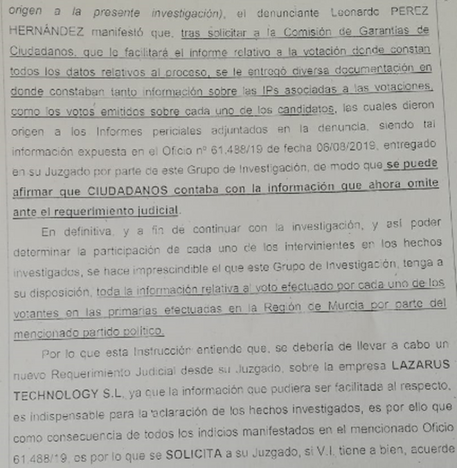 Otro fragmento del escrito de la UDEF al juez de Cartagena (Murcia).