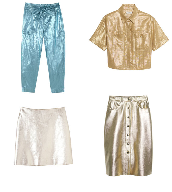 ANTIK BATIK Pantalón azul. PVP: 95€ // SANDRO Blusa dorada. PVP: 87.50€ // LONGCHAMP Minifalda dorada. PVP: 790€ // SANDRO Falda entubada. PVP: 182.50€
