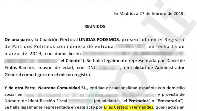 Borrador de contrato de 27 de febrero de 2019 entre Neurona Comunidad y Unidas Podemos.