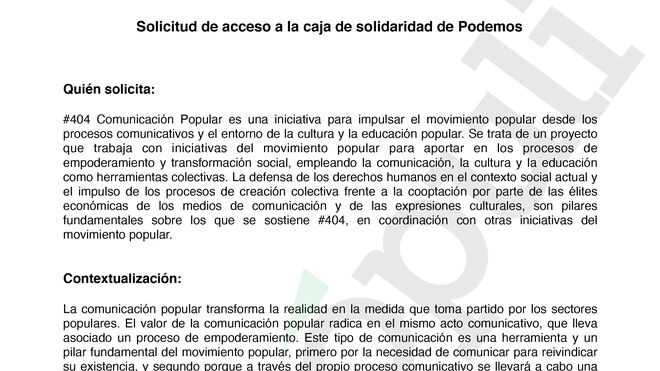 DOC 16 Solicitud de 50000 euros de 404 Comunicacio╠ün Popular a la Caja de solidaridad de Podemos (MARCA AGUA)