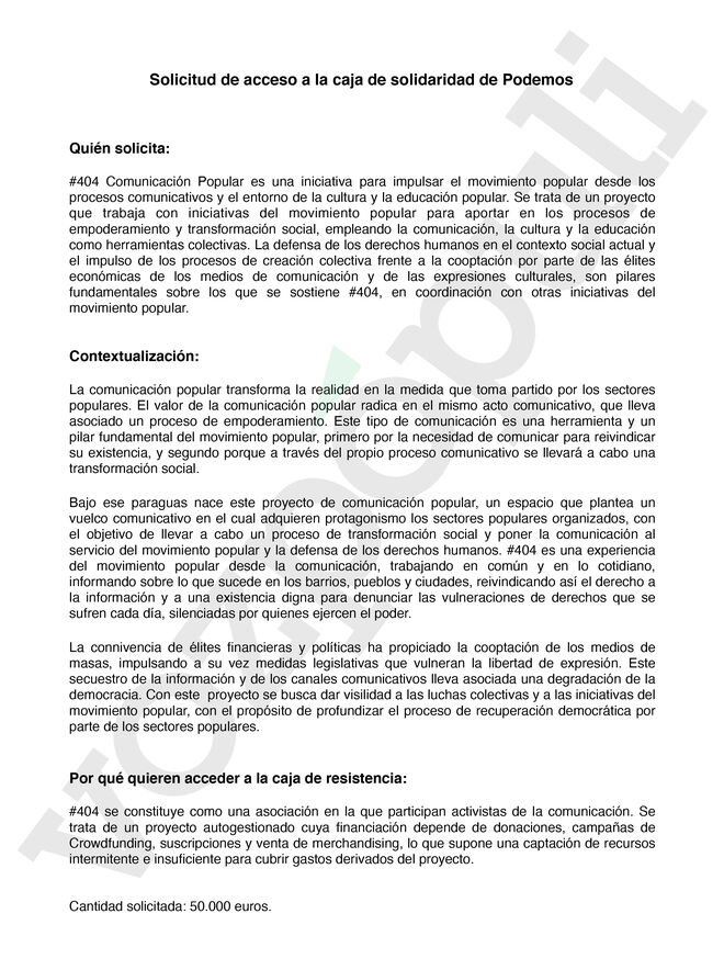 DOC 16 Solicitud de 50000 euros de 404 Comunicacio╠ün Popular a la Caja de solidaridad de Podemos (MARCA AGUA)