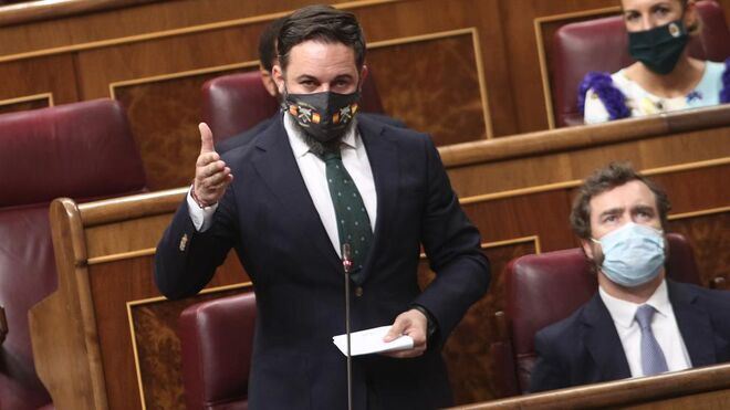 El líder de Vox, Santiago Abascal, interviene en una sesión de control al Gobierno en el Congreso.
