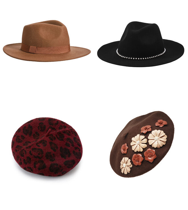 C&A Sombrero marrón. PVP: 19.99€ y sombrero negro con perlas. PVP: 19.99€ // LA REDOUTE Boina de print animal. PVP: 14.48€ // ANHELO Boina con flores. PVP: 98€
