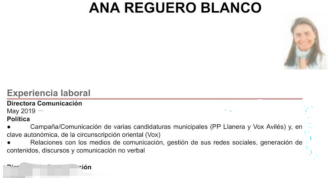 CV de Ana Reguero con sus últimos trabajos para PP y Vox antes de entrar en Cs.