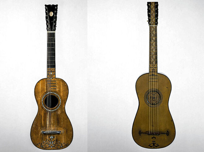 De izquierda a derecha, obra de Josep Benedid y guitarra construida por José Massagué.