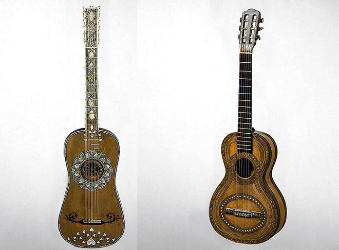 Guitarra construida por Matteo Sellas. A su lado, diseño de Pedro Fuentes.