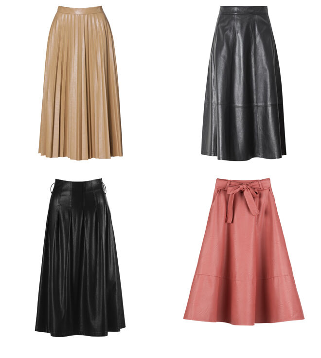 C&A Falda color crudo. PVP: 39.99€ // MANGO Falda larga negra. PVP: 159.99€ // C&A Falda negra con quillas. PVP: 24.99€ // KOKER Falda rosa. PVP: 29.99€